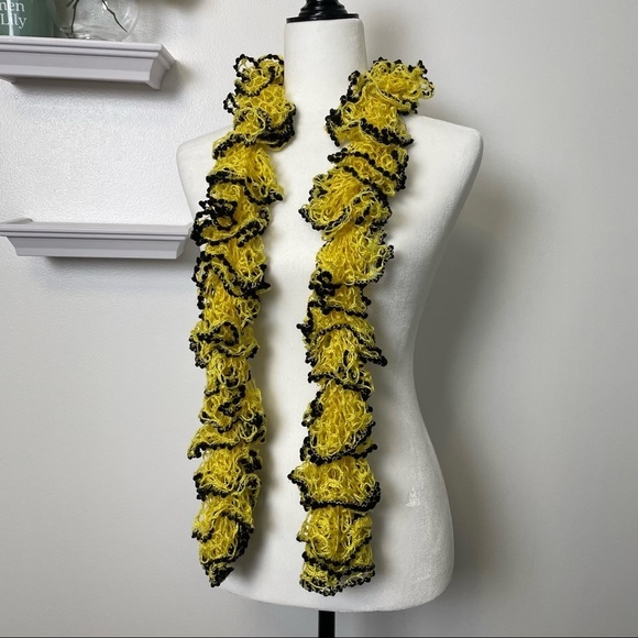 Ruffs & Pom-Poms Crocheted Yellow Black Scarf - Picture 7 of 10